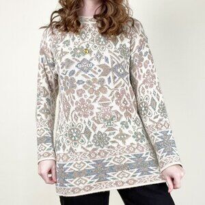 Vintage Floral Knit Fair Isle Abstract Sweater Boho Scandinavian Feminine Girly